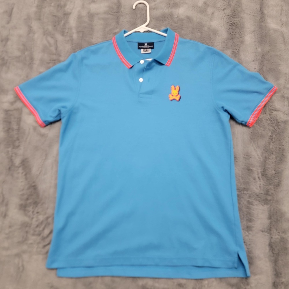 Psycho Bunny Polo Shirt Mens 6 (Fits Large) Blue Pima Cotton Skull Bunny Logo